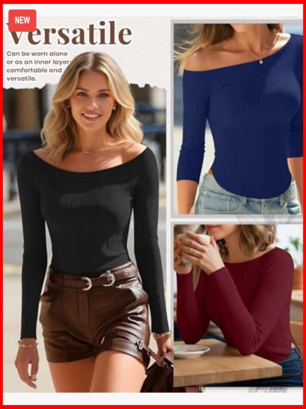 3 Pack Boat Neck Long Sleeve Ribbed Crop Tops Curved Hem Layering Tees - Picture 3 of 7